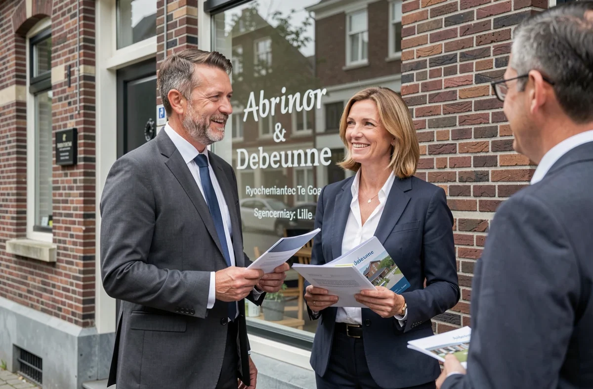 Deux agents de l'agence Abrinor Debeunne devant la façade en briques de leur bureau à Lille
