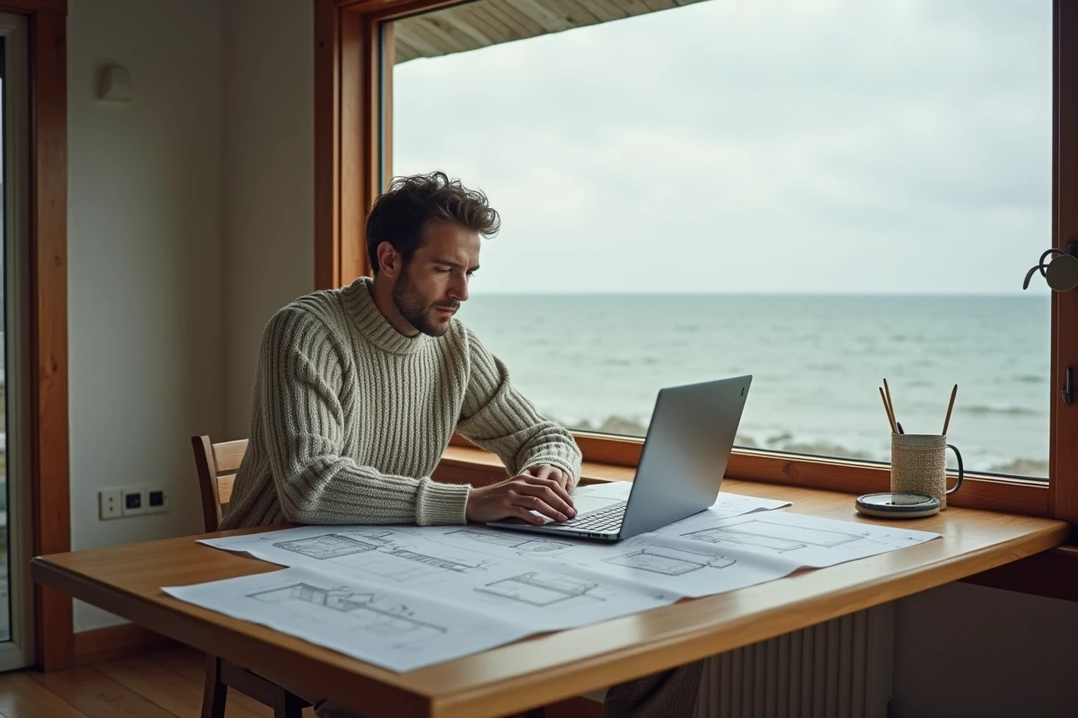 Homme étudiant des documents immobiliers dans sa maison en bord de mer, illustrant l'achat d'une résidence principale côtière