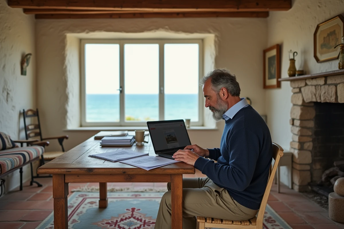 Homme étudiant des documents immobiliers dans un cottage normand avec vue sur la Manche