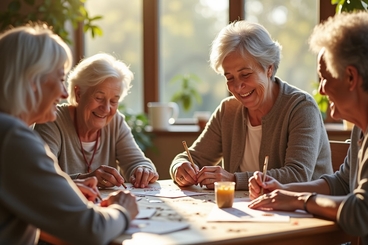Groupe de seniors participant à une activité artistique dans une résidence