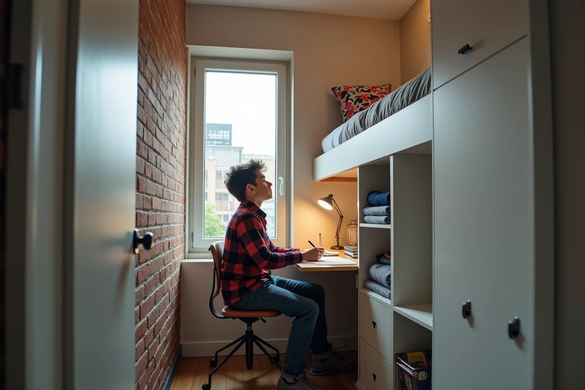 Adolescent dessinant dans une petite chambre en ville avec lit en mezzanine