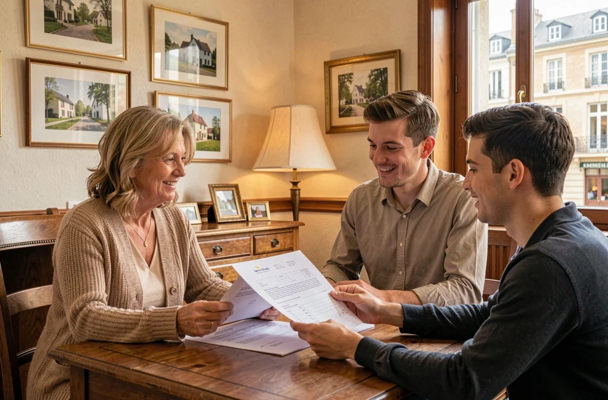 Agente de l'Agence Grisolle en consultation avec un jeune couple examinant un contrat immobilier