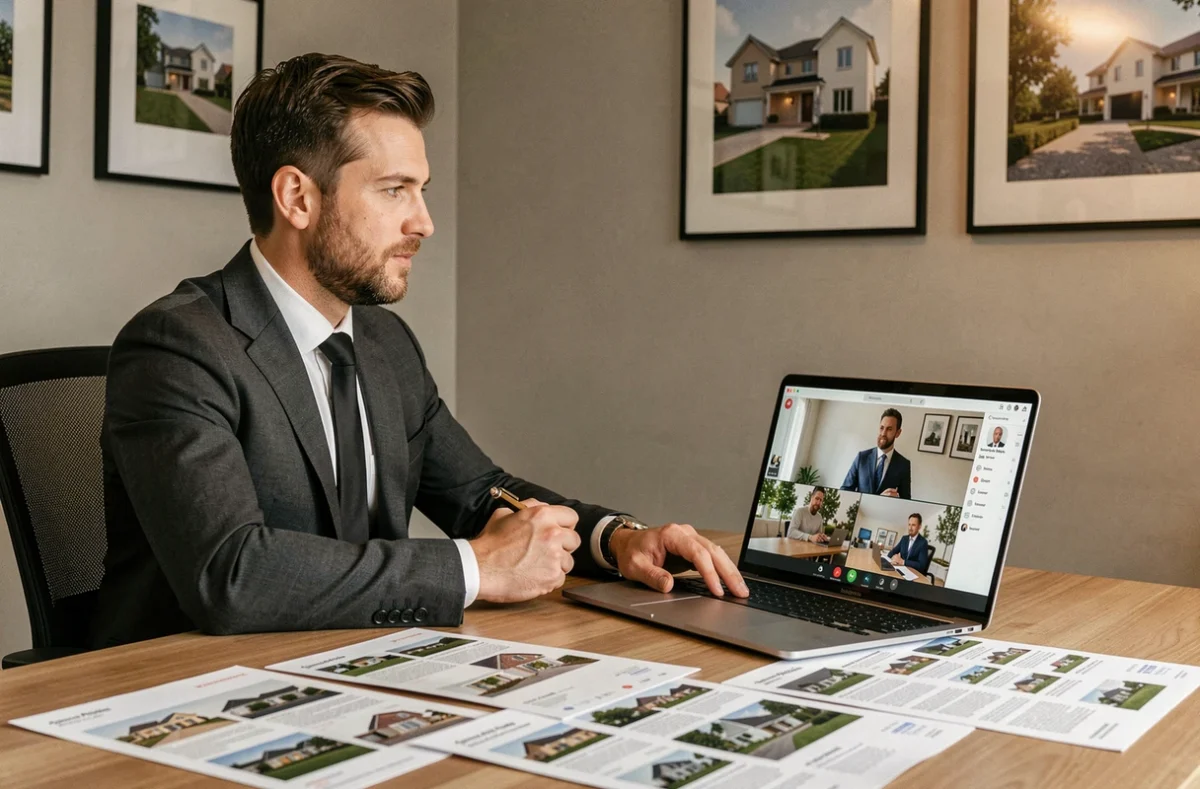 Agent d'Agences Privées en visioconférence à son bureau avec des listings immobiliers imprimés devant lui