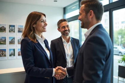 Agent immobilier IMMO PRIMA accueillant un couple d'acheteurs dans une agence immobilière moderne