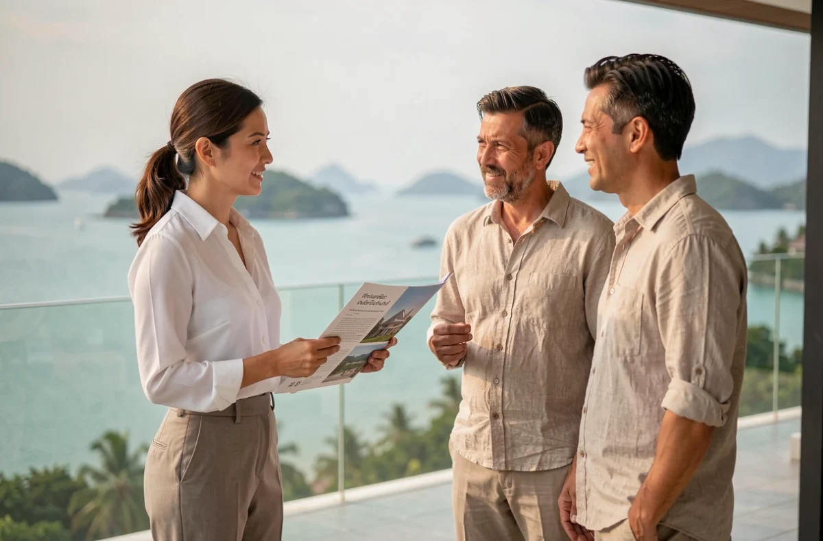 Agent immobilier thaïlandais présentant des documents d'achat à des acheteurs étrangers devant une villa côtière