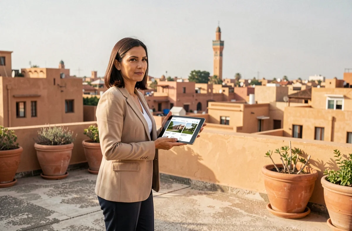 Agent immobilière présentant un appartement à vendre avec vue sur la médina de Marrakech