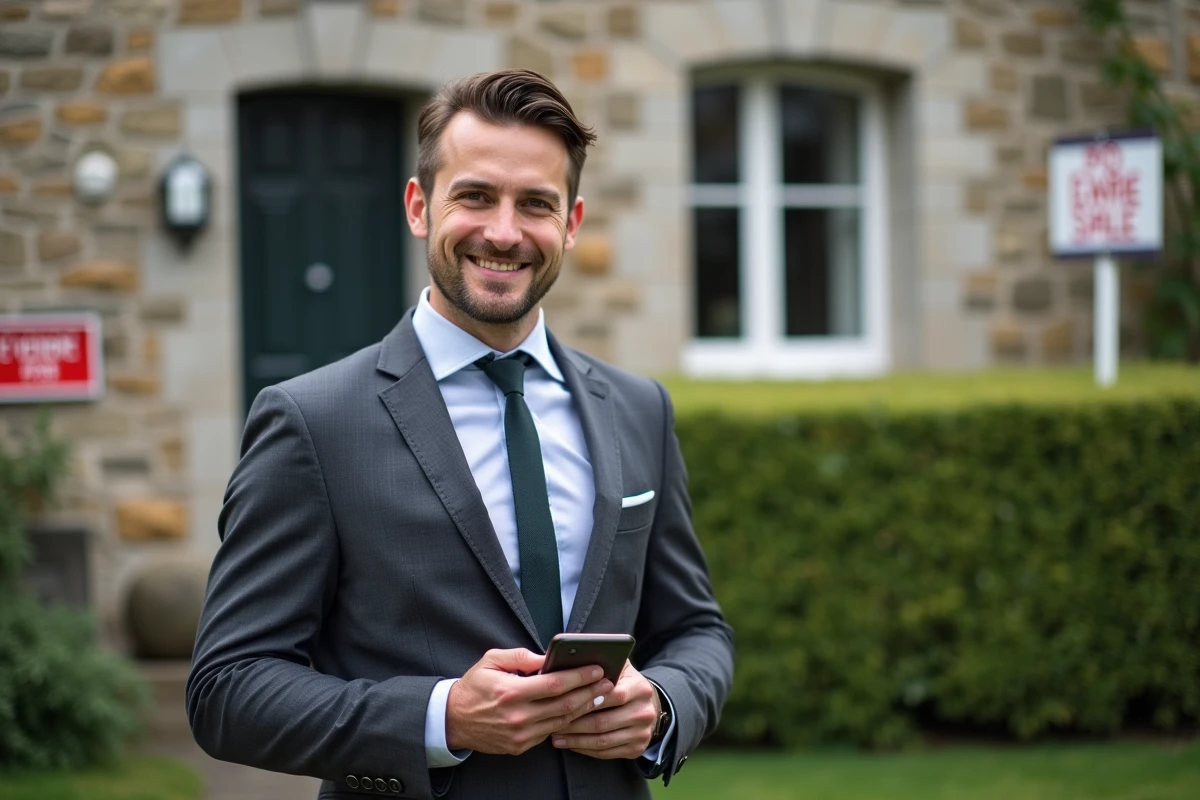 Agent immobilier devant maison bretonne a vendre