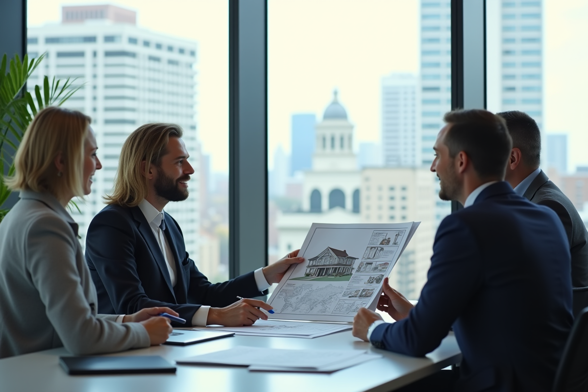 Agent immobilier expliquant plans de propriété en bureau lumineux