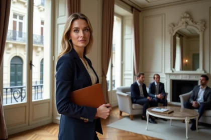 Agent immobili&egrave;re de la famille Kretz en consultation avec des clients dans un appartement haussmannien parisien r&eacute;nov&eacute;