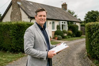Agent immobilier tenant des documents devant une maison rurale avec fosse septique potentiellement non conforme