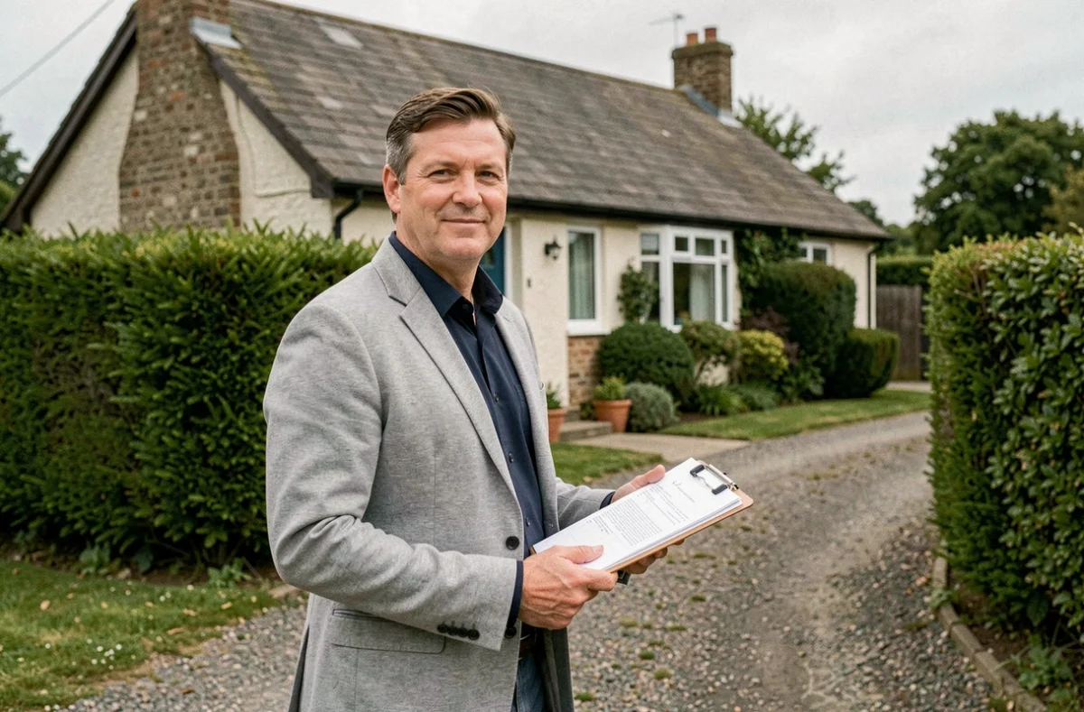 Agent immobilier tenant des documents devant une maison rurale avec fosse septique potentiellement non conforme