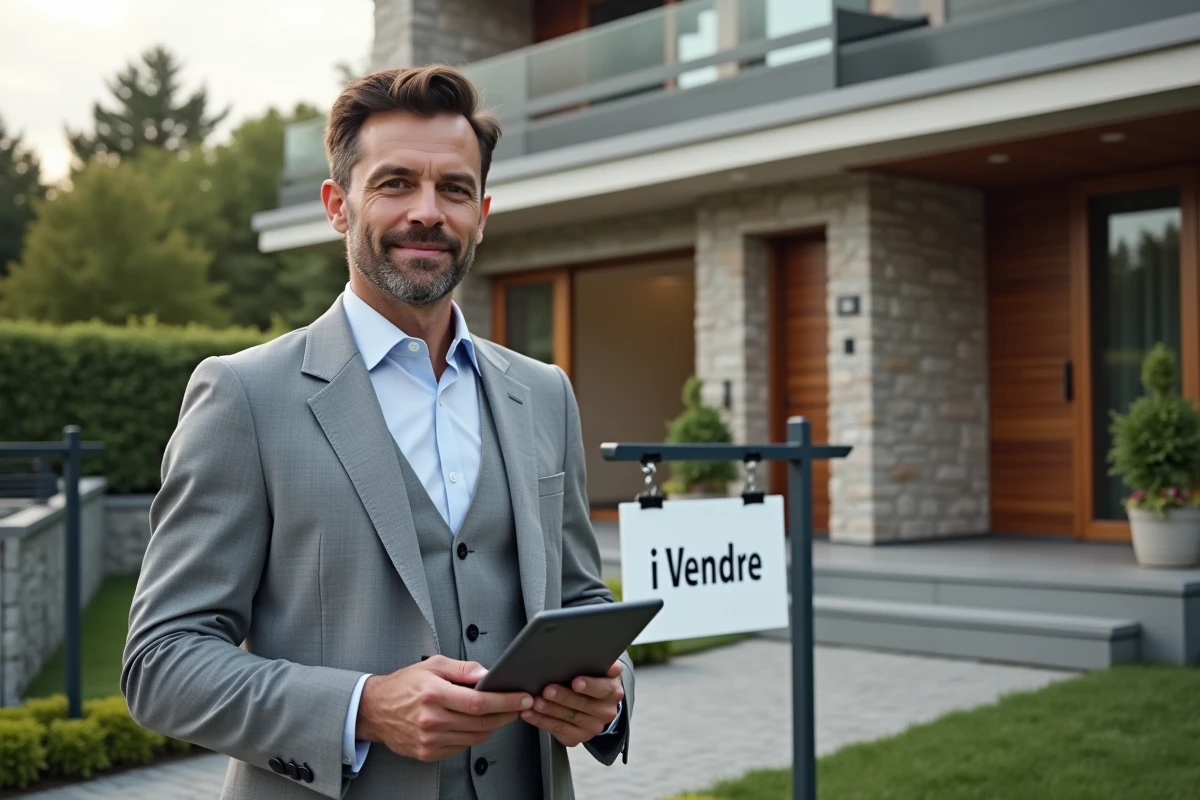 Agent immobilier devant une maison à vendre représentant les services d'achat et vente d'IMMO PRIMA