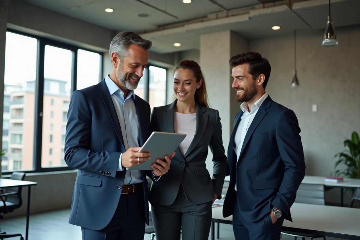Agent immobilier souriant avec tablette dans un bureau moderne