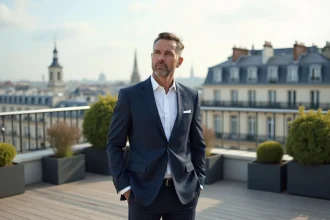 Agent immobilier parisien en costume sur terrasse
