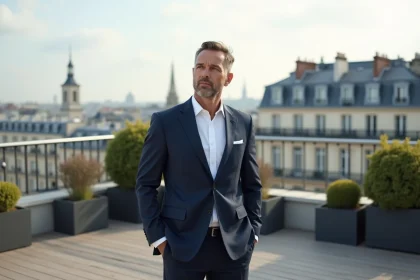 Agent immobilier parisien en costume sur terrasse
