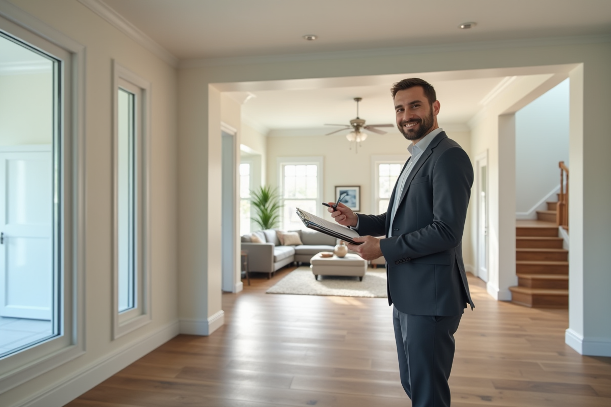 Agent immobilier avec plan dans une maison lumineuse