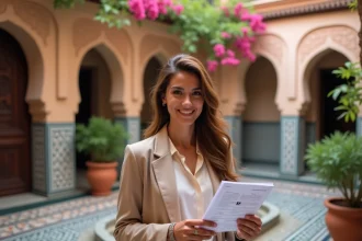 Agent immobilière tenant un dossier de vente d'appartement dans la cour intérieure d'un riad traditionnel à Marrakech avec carrelage zellige