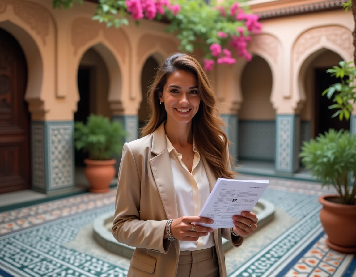 Agent immobilière tenant un dossier de vente d'appartement dans la cour intérieure d'un riad traditionnel à Marrakech avec carrelage zellige