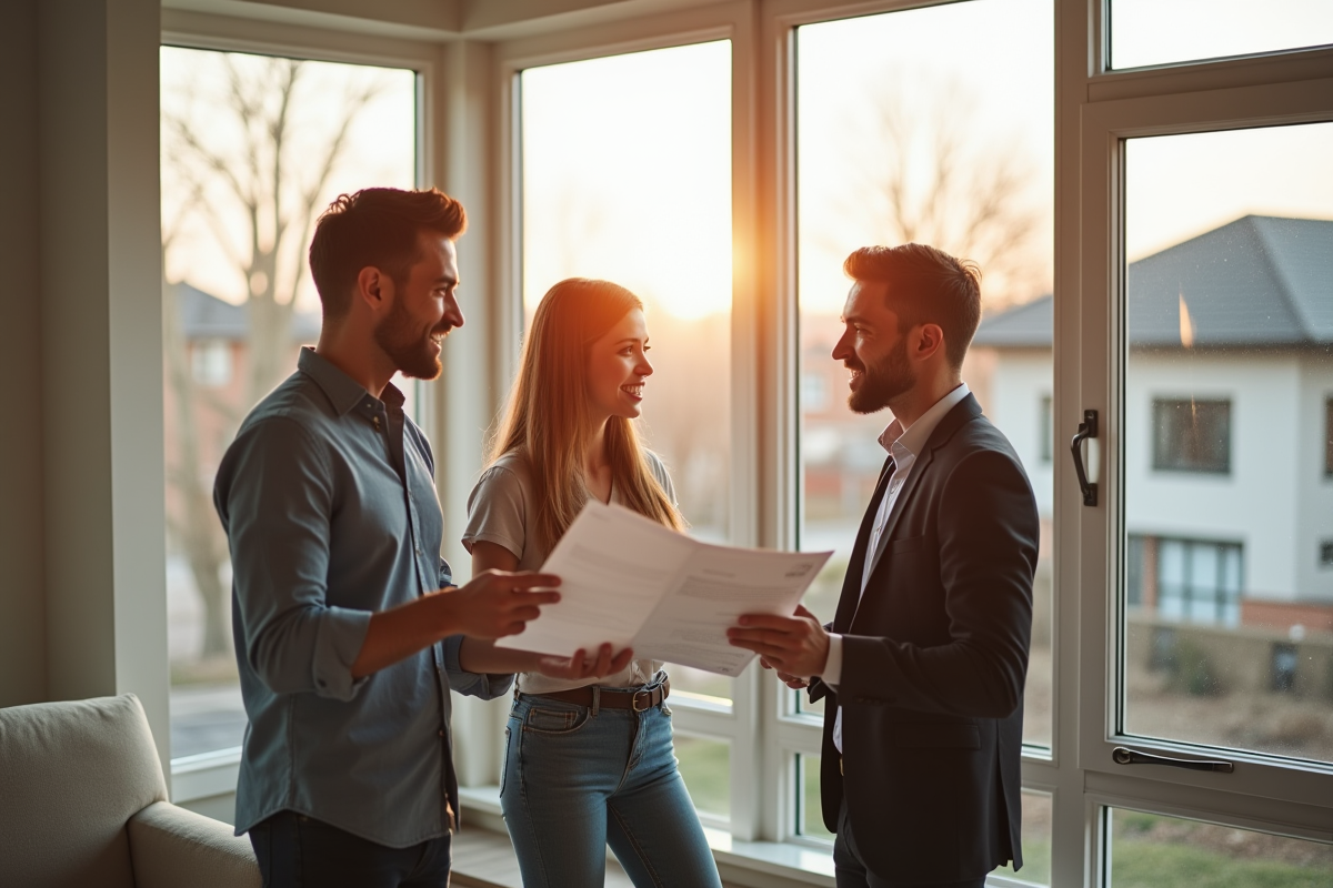 Agent immobilier montrant un salon lumineux avec couple