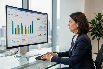 Agent immobilière analysant des statistiques de ventes sur un tableau de bord numérique dans un bureau moderne