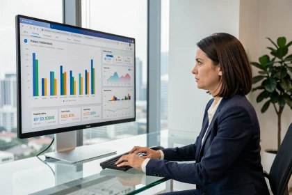 Agent immobilière analysant des statistiques de ventes sur un tableau de bord numérique dans un bureau moderne