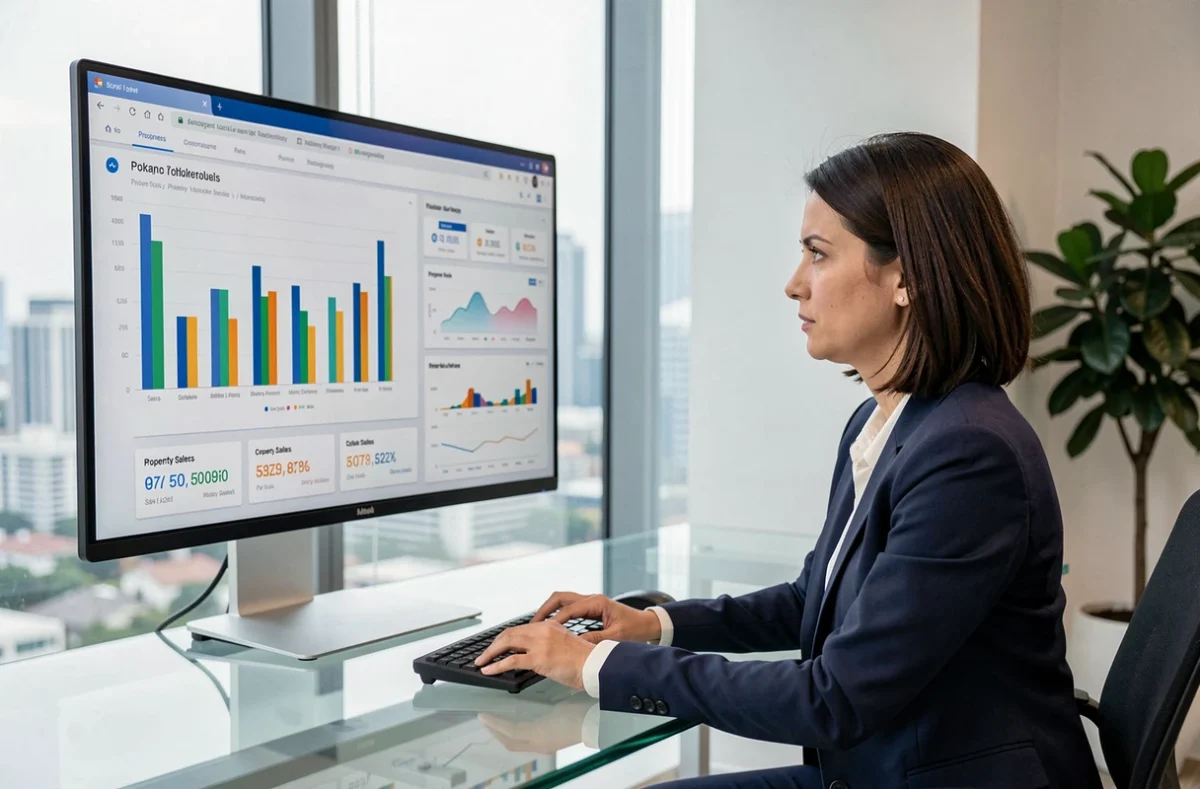Agent immobilière analysant des statistiques de ventes sur un tableau de bord numérique dans un bureau moderne
