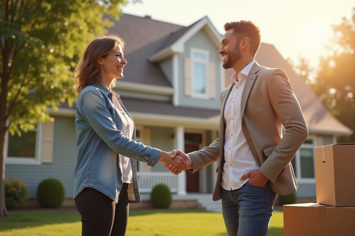 Agent immobilier souriant avec couple devant maison en vente