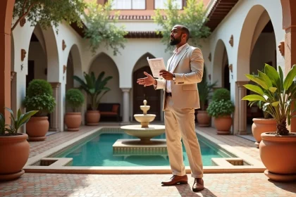 Agent immobilier présentant une villa de style riad à vendre à Marrakech avec cour intérieure et fontaine en zellige