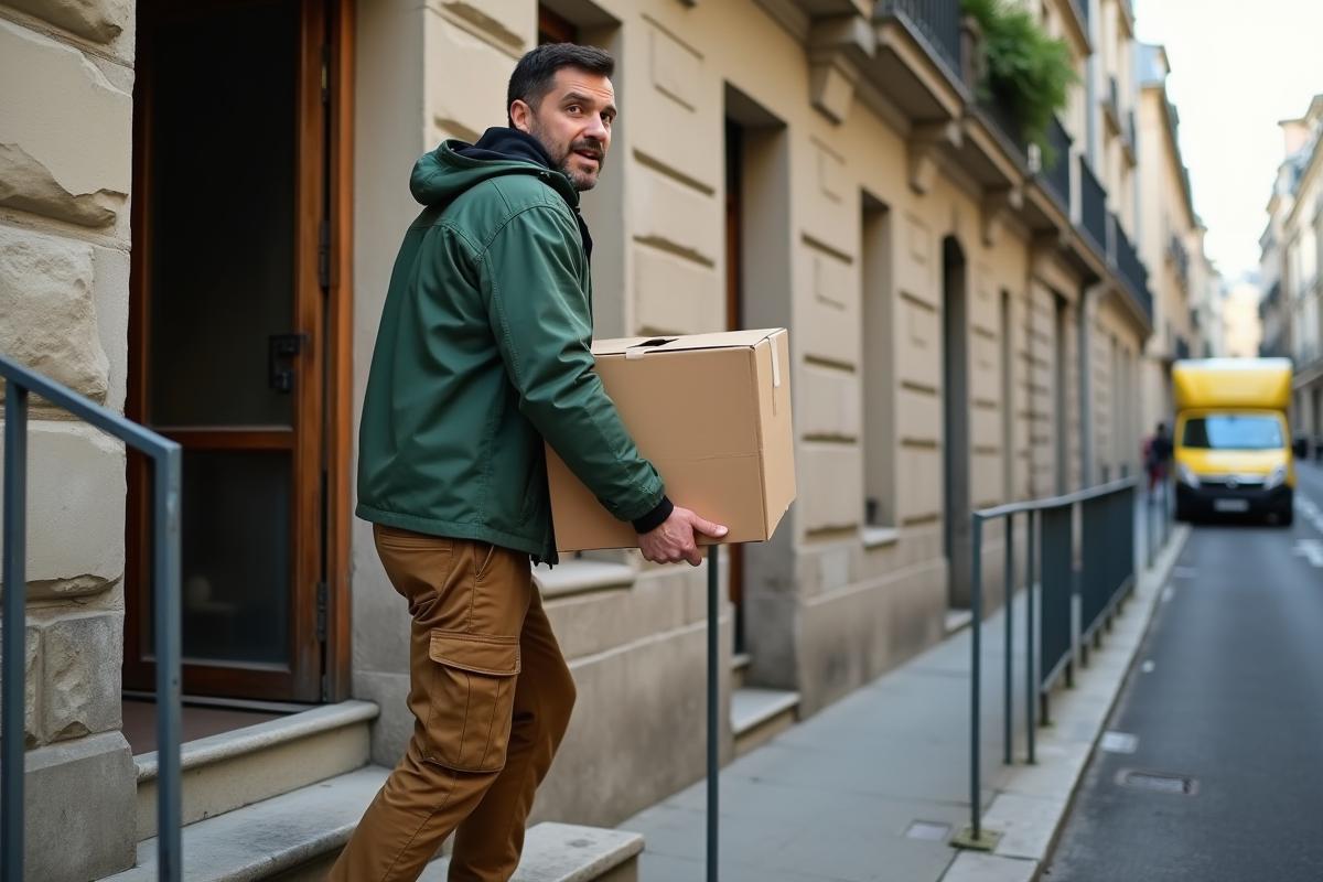 Agent de déménagement portant une caisse dans la rue