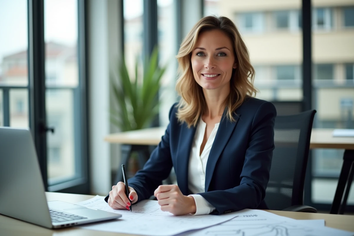 Agente immobilière professionnelle assise à son bureau examinant des documents de propriété dans une agence moderne