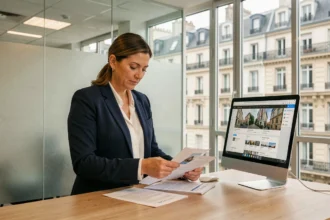 Agente immobilière Orpi examinant des documents de gestion locative dans une agence parisienne moderne