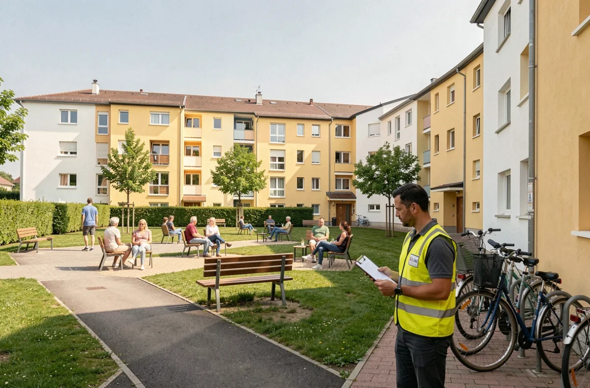 Résidence HLM gérée par Ain Habitat à Bourg-en-Bresse avec espaces verts communs et gestionnaire en inspection