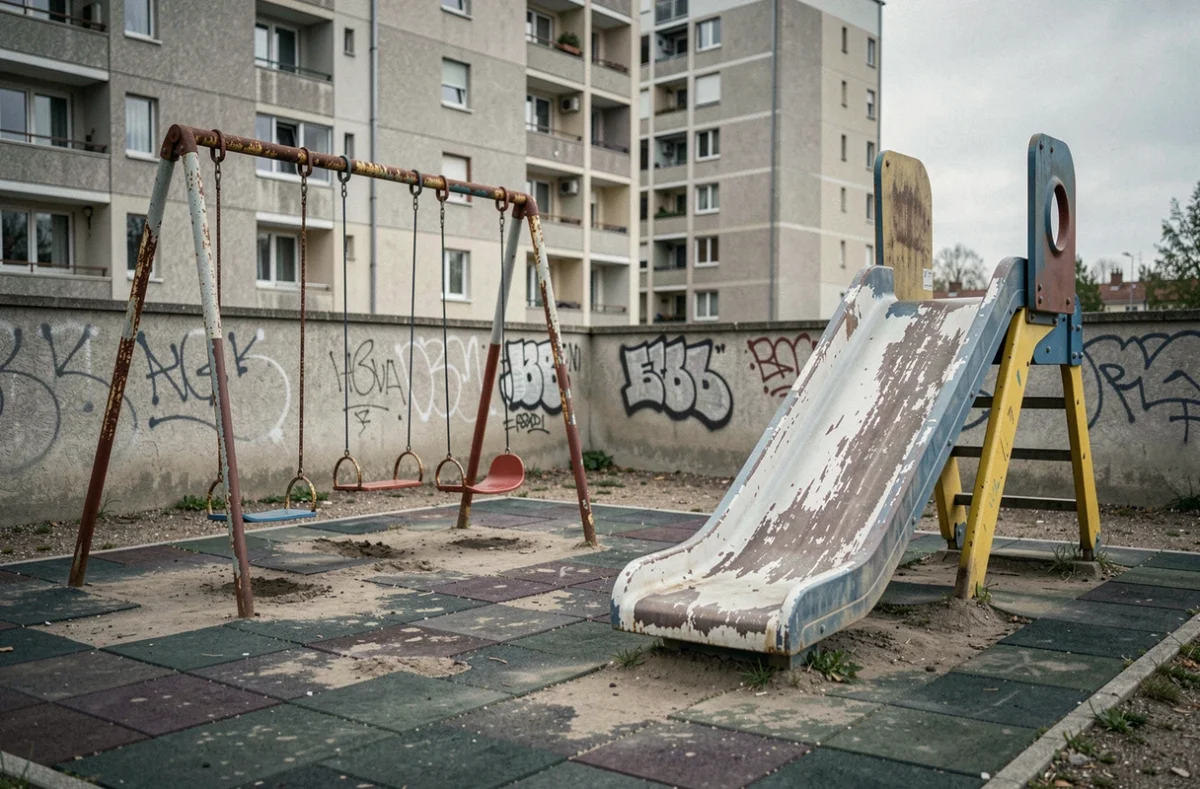 Aire de jeux délabrée dans un quartier de Maisons-Alfort peu adapté aux familles avec enfants