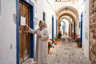 Ruelle de la médina d'Essaouira avec une porte en bois sculptée et une annonce de location d'appartement affichée sur le mur blanchi à la chaux