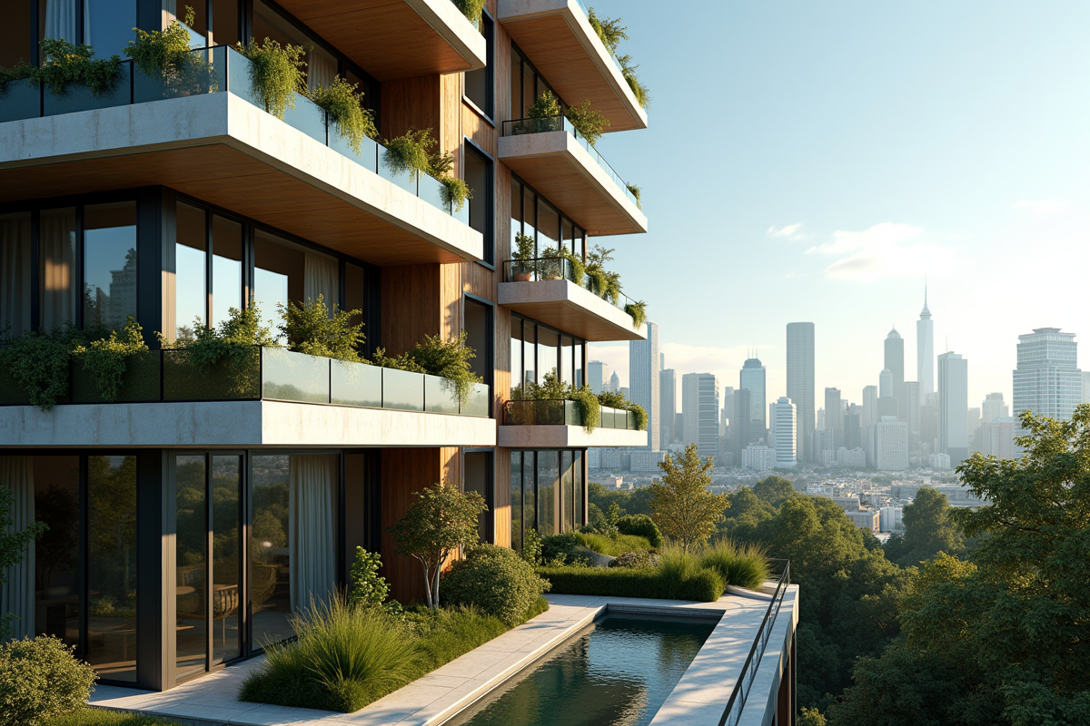 Immeuble moderne avec grandes fenêtres et balcons fleuris