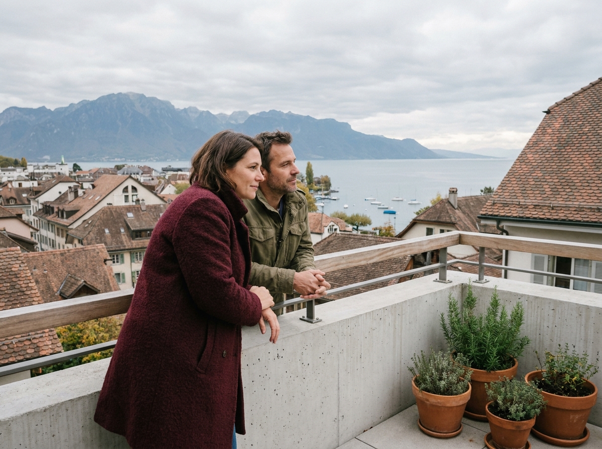 Couple sur le balcon d'un appartement neuf à Thonon-les-Bains avec vue sur le lac Léman