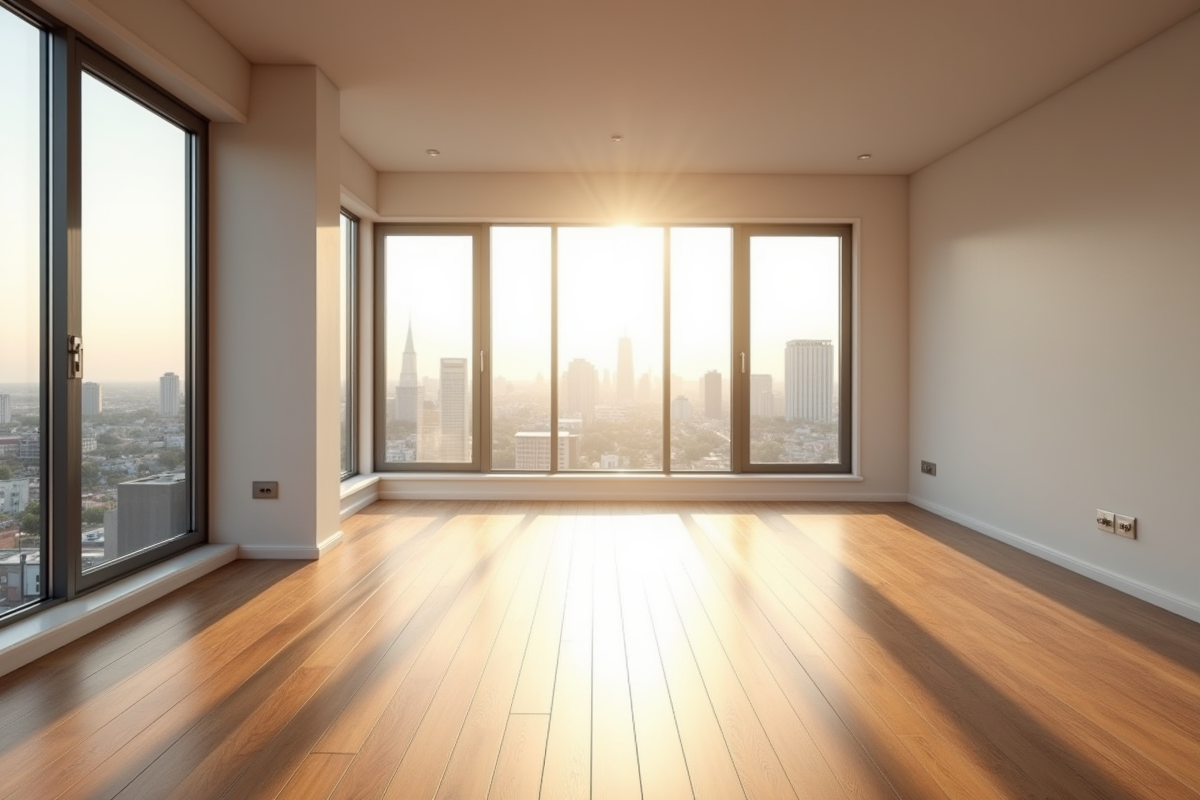 Appartement vide lumineux avec grandes fenêtres et parquet