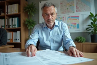 Architecte examinant un certificat d'urbanisme opérationnel sur un bureau professionnel