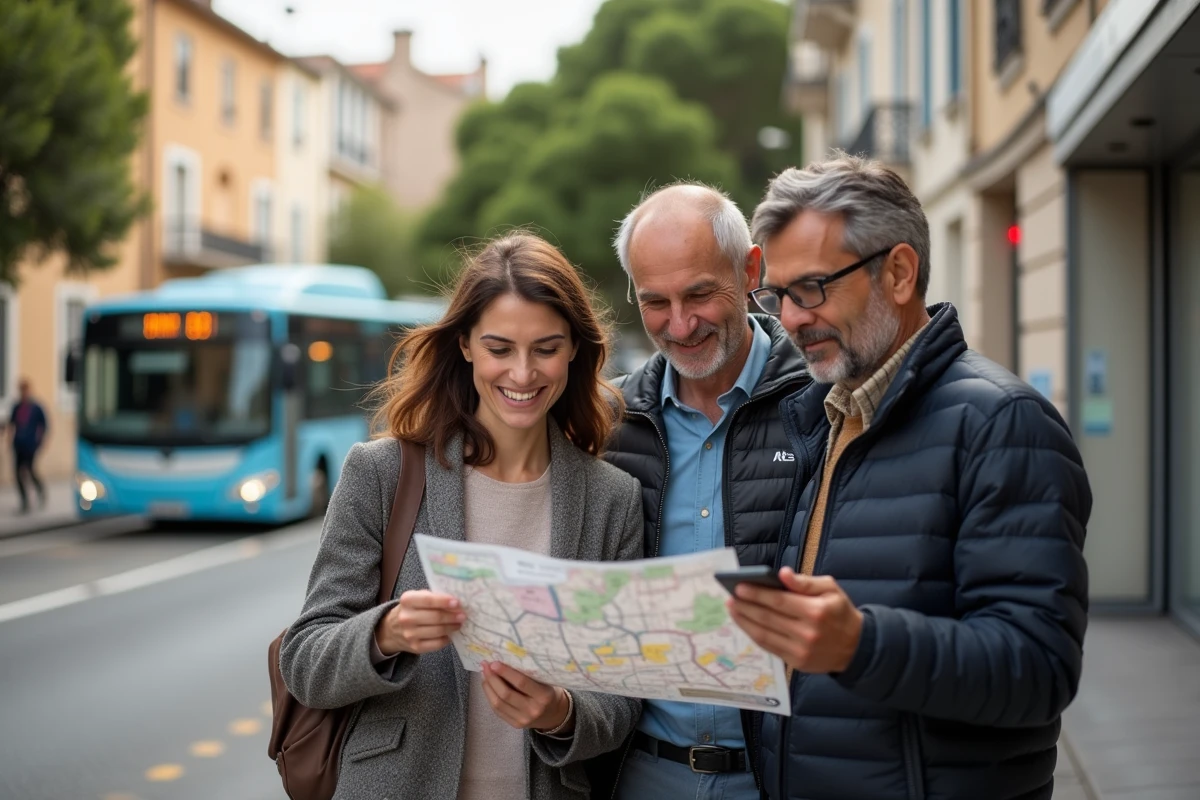 Groupe de voyageurs consultant un plan de bus RTM à un arrêt de quartier à Marseille
