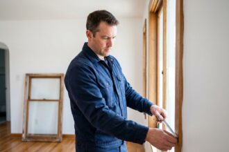 Artisan menuisier mesurant un cadre de fenêtre dans un salon avant remplacement