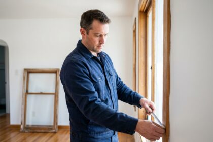 Artisan menuisier mesurant un cadre de fenêtre dans un salon avant remplacement
