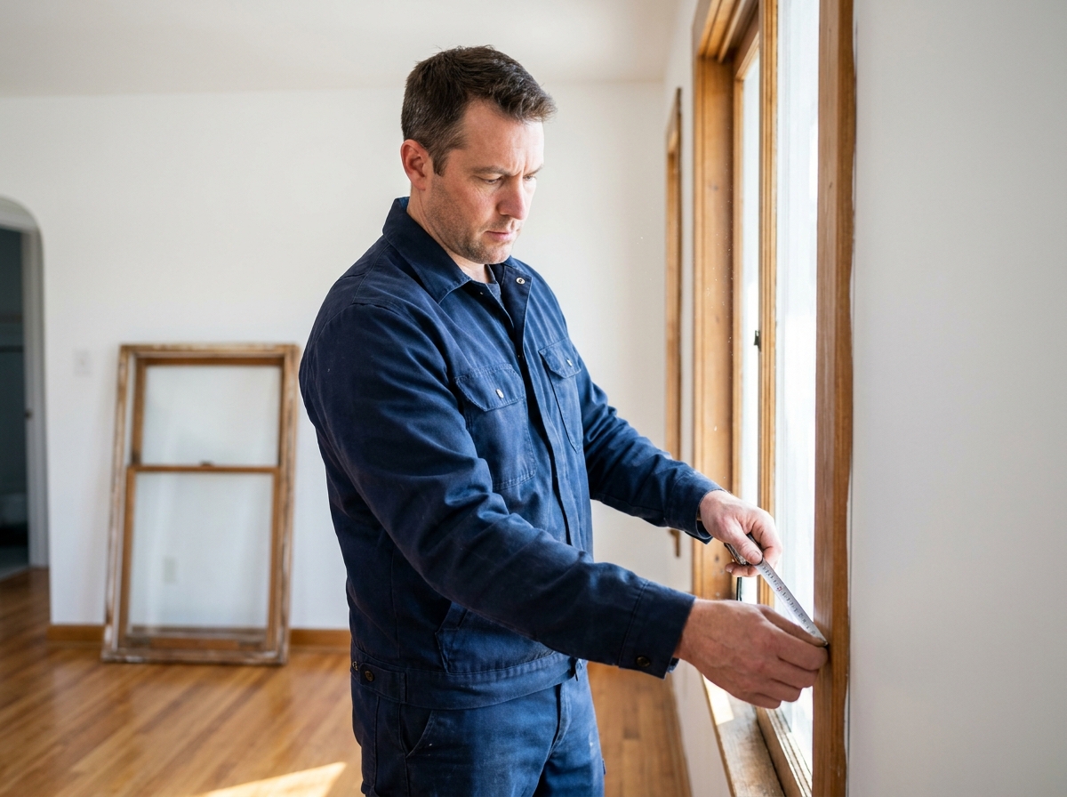 Artisan menuisier mesurant un cadre de fenêtre dans un salon avant remplacement