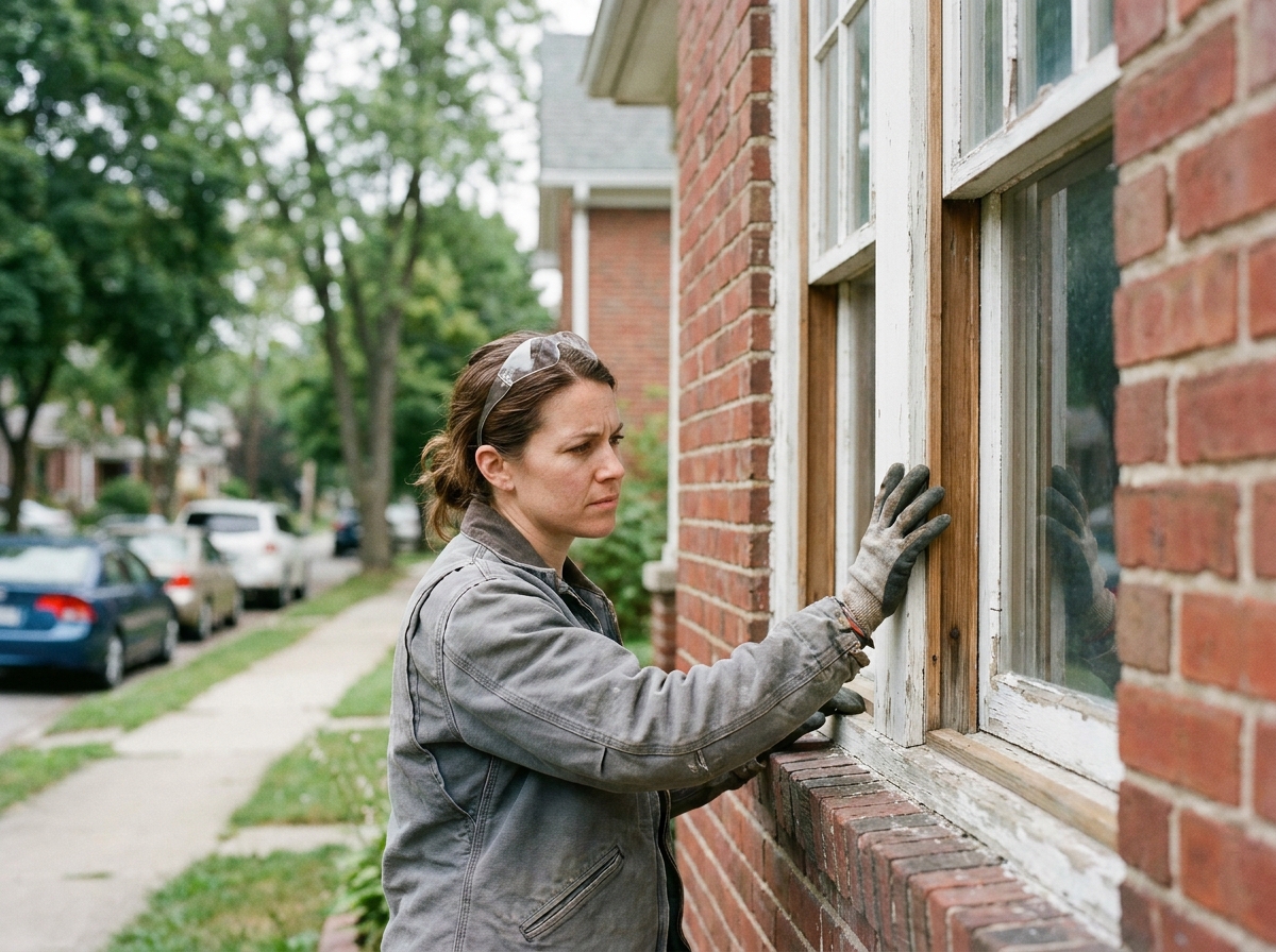 Artisane inspectant une ancienne fenêtre à double vitrage sur la façade d'une maison