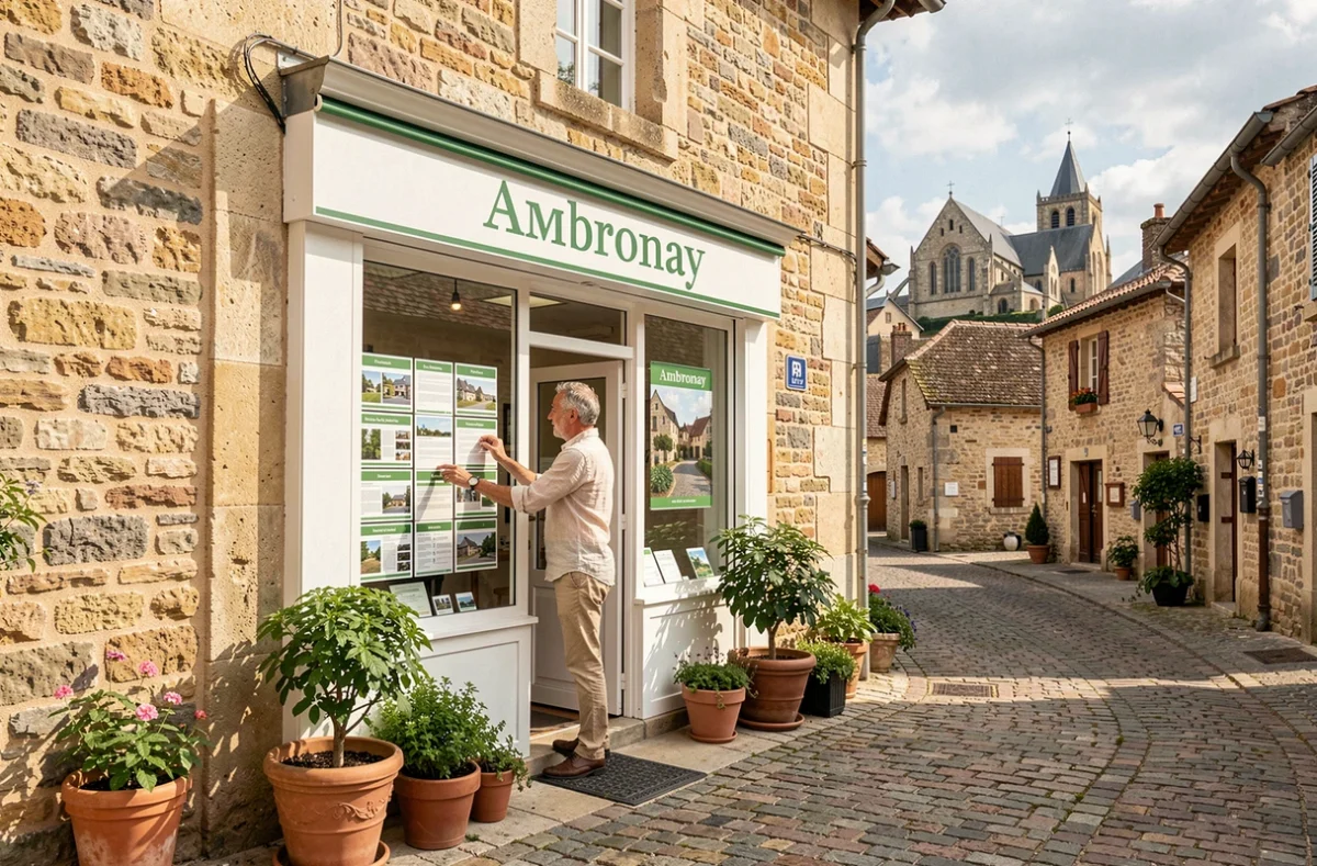 Agence Authentique Immobilier à Ambronay avec son agent devant la vitrine dans le centre du village