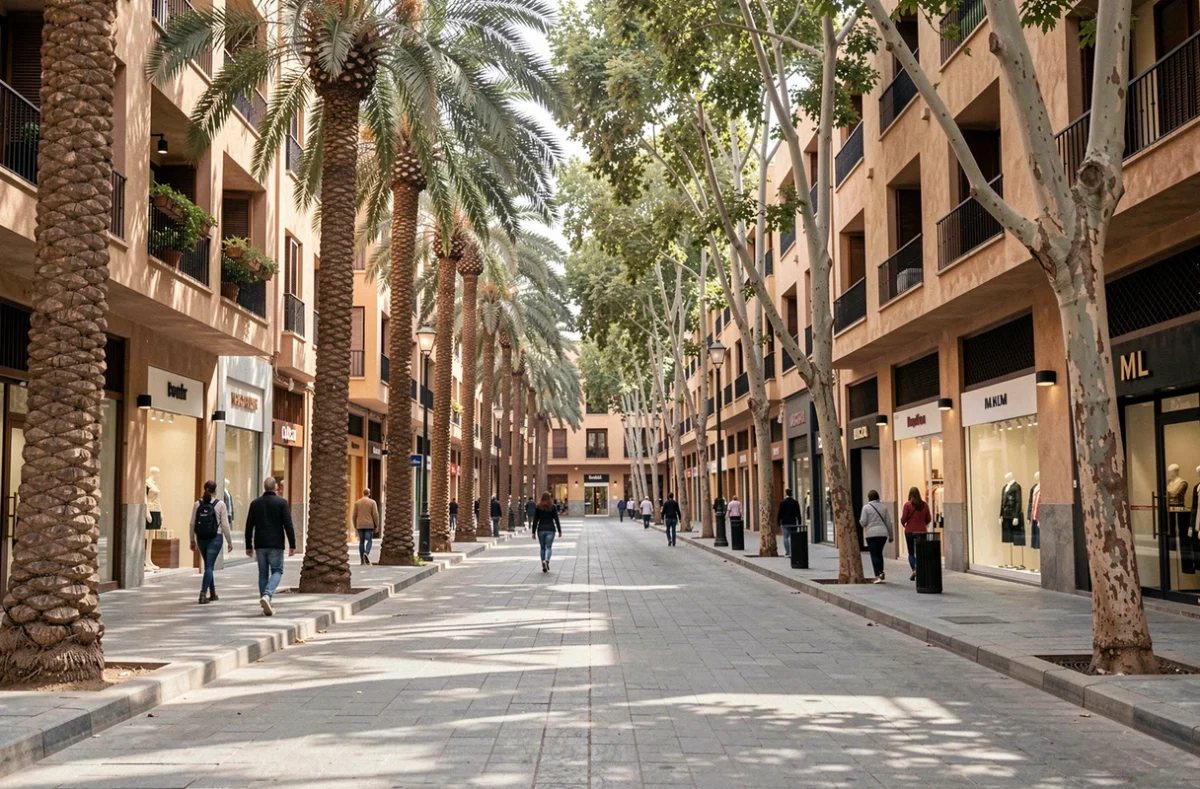 Avenue principale du quartier Guéliz à Marrakech avec immeubles résidentiels et commerces en rez-de-chaussée
