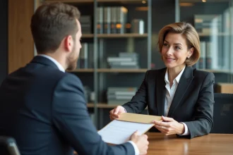 Banque une employée remet un dossier à un notaire en bureau moderne