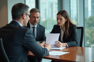 Homme et femme en réunion dans une banque moderne