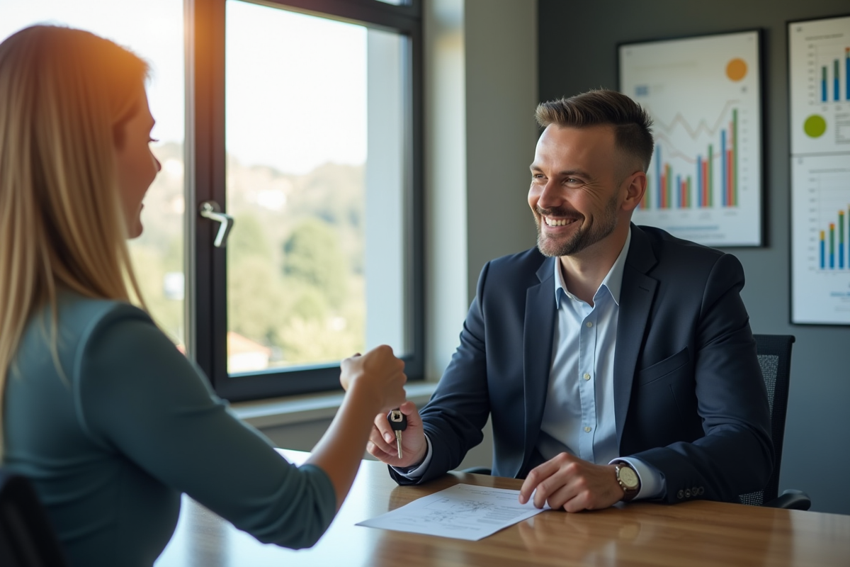 Banquier remettant les clés à un client souriant