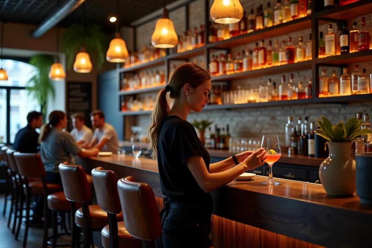Barmaid préparant un cocktail artisanal dans un bar tendance du quartier Libération à Nice