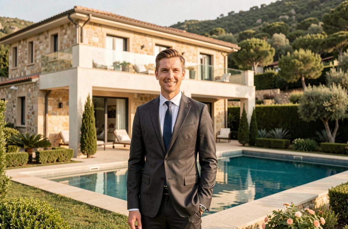 Consultant BARNES Corse devant une villa de luxe avec piscine dans les collines corses